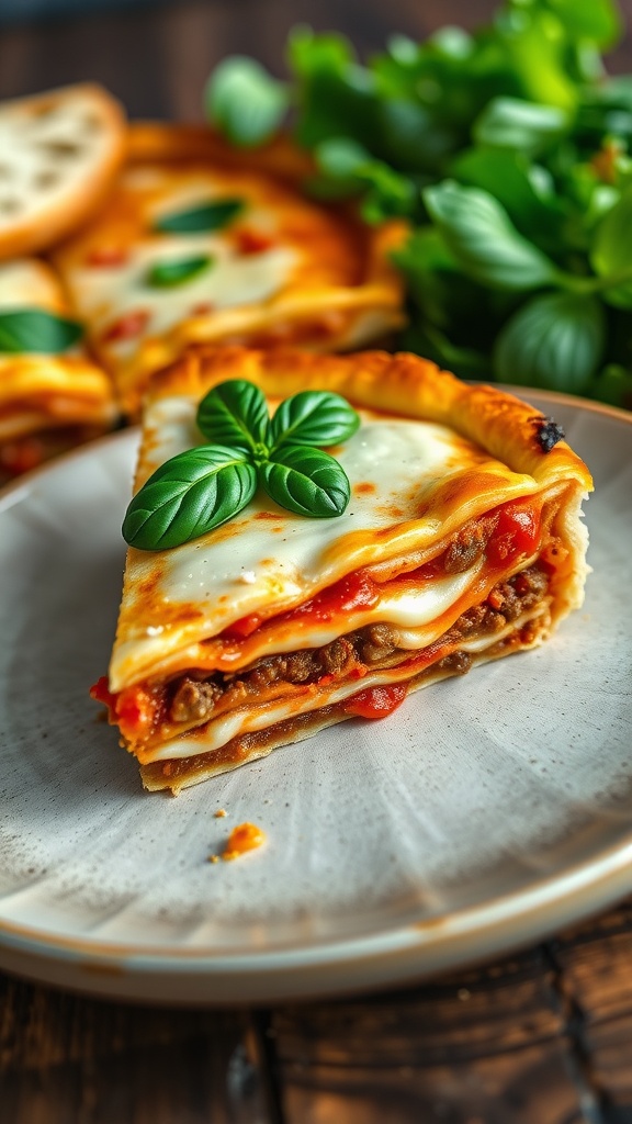 A slice of savory lasagna pie with meat sauce, ricotta, and mozzarella, garnished with basil on a wooden table with garlic bread.